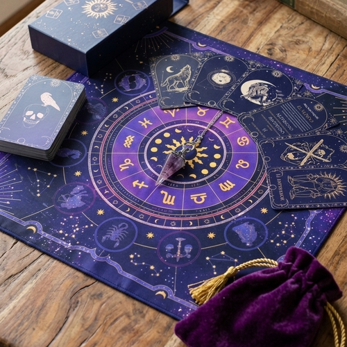 Pack Péndulo + Bolsa ritual + Tapete Zodiacal