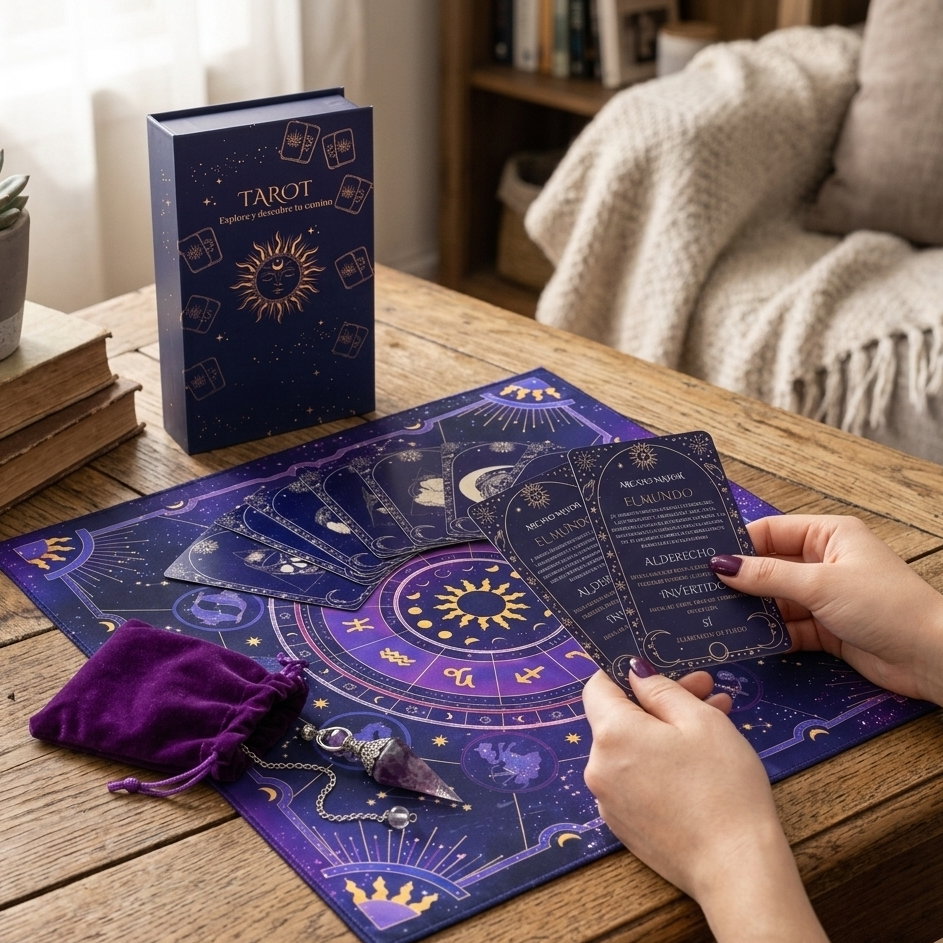 Baraja de Tarot con péndulo tapete y bolsa