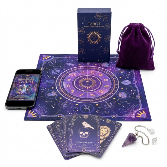 Kit Completo de Tarot para Principiantes: Baraja EcoArcano, Tapete Zodiacal y Péndulo de Radiestesia